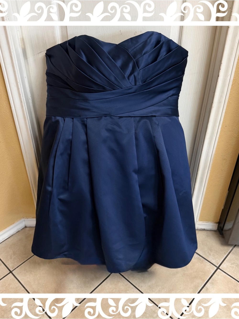 David's Bridal Strapless Navy Pleated Bodice Cocktail Dress